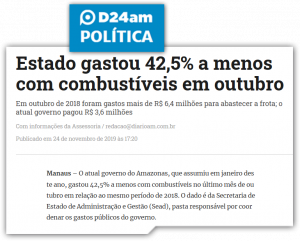 Imagem da notícia - Portal D24am – Estado gastou 42,5% a menos com combustíveis em outubro