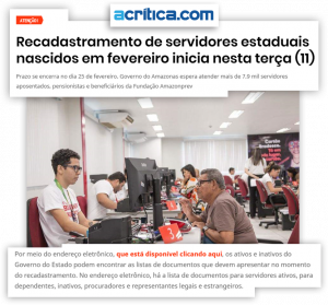 Imagem da notícia - A Crítica – Recadastramento de servidores estaduais nascidos em fevereiro inicia nesta terça (11)